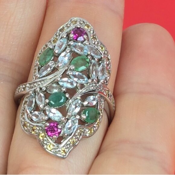 925 Sterling Silver Ring Sz 8 with Natural Emerald, Rhodolite, Sapphire, Topaz - Picture 5 of 9